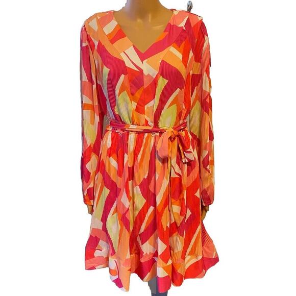 Nicole Miller Dresses & Skirts - Nicole Miller Mini Dress Sz M Neon Multicolored Pop Art V Neck Elastic Tie Waist